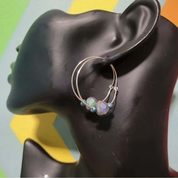 New Handmade Iridescent Glass Beads On Silver Colored Hoop Earrings Gift Boxed - Picture 6 of 9